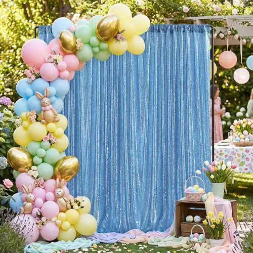Miniatura 2 de Cortinas de fondo de lentejuelas con purpurina azul bebé, 2 piezas de 2 x 8 pies, telón de fondo de fiesta de baby shower para niños, hermosas