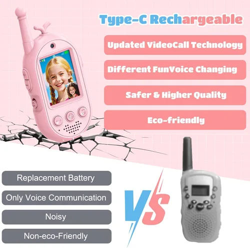 Miniatura 2 de Walkie Talkies de video para niños, paquete de 2, Walkies talkies para niños con cambiador de voz y efecto adhesivo, juguetes recargables de largo