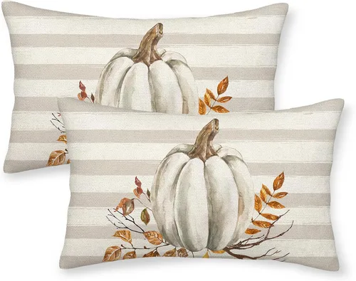 Miniatura 10 de Juego de 2 fundas de almohada de otoño de 16 x 16 pulgadas, diseño de calabaza y hoja de arce, fundas de almohada decorativas de lino para otoño