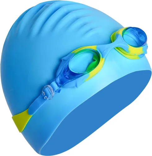 Miniatura 3 de Gorro de natación para niños y niñas, gorro de natación de silicona para cabello corto con gafas de natación y clip para la nariz, gorras de baño