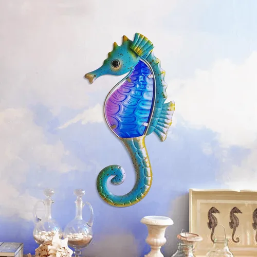 Miniatura 9 de POXOH - Juego de 3 decoraciones de pared de caballito de mar de metal, temática costera del océano de vida marina para interiores y exteriores, arte