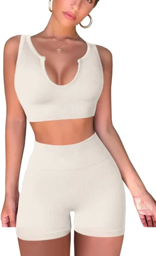 Miniatura 4 de QINSEN Conjuntos de entrenamiento sin costuras para mujer, brasier deportivo acanalado de cintura alta, pantalones cortos para correr, gimnasio