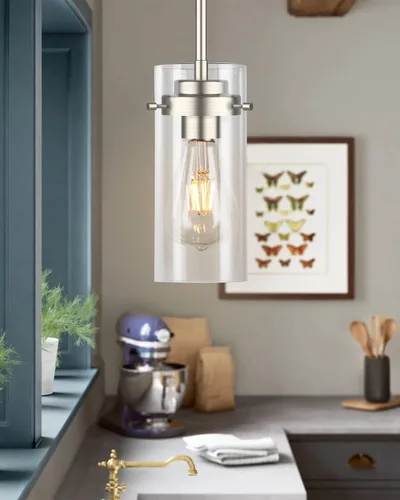 Miniatura 8 de EAPUDUN Lámparas colgantes, acabado de níquel cepillado, luces de cocina de techo, luces colgantes de vidrio transparente Isla