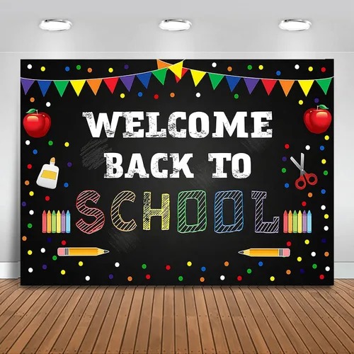 Mocsicka Telón de fondo de bienvenida de regreso a la escuela, papelería de puntos coloridos para estudiantes y niños, pancarta para el primer día