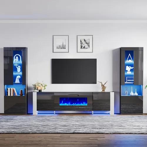 AMERLIFE Moderno soporte de TV con chimenea de 70 pulgadas con chimenea eléctrica de 36 pulgadas y 2 estanterías LED de almacenamiento grandes, Todo