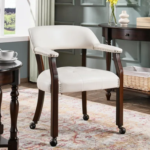 Miniatura 11 de Sillas de comedor con ruedas y brazo, sillas de capitán Caster Boss con patas de madera maciza, sillas de escritorio de oficina con botón tapizado