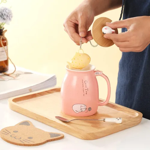 Miniatura 3 de Taza Kawaii de Té BigNoseDeer con Infusor Linda Taza de Gato de Cerámica Taza de Café Taza de Té Rosada Linda Cosas Preppy Regalos para Mujeres