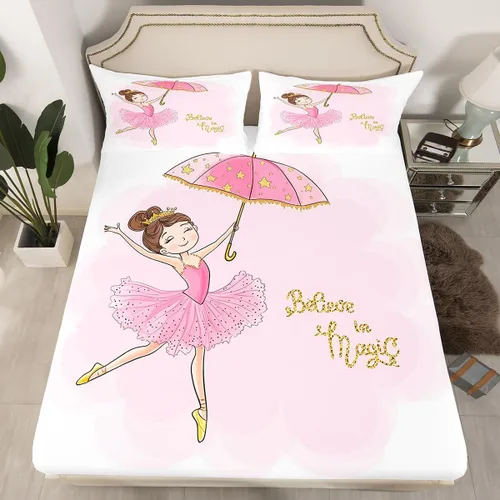 Miniatura 12 de Juego de ropa de cama Kawaii tamaño individual, sábana bajera ajustable de dibujos animados para niños y niñas, juego de ropa de cama de ballet