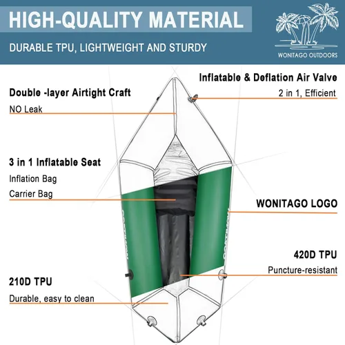 Miniatura 2 de Packraft - Kayak inflable de viaje de TPU con asiento suave y ligero, para rafting de agua plana/deriva de bicicletas/bote de agua litewater, 1 Verde