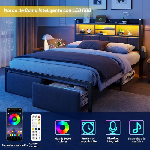 Miniatura 3 de Furnulem Base de cama Queen con cajones de almacenamiento, cabecera tapizada con luz LED y estación de carga, marco de cama de plataforma de metal