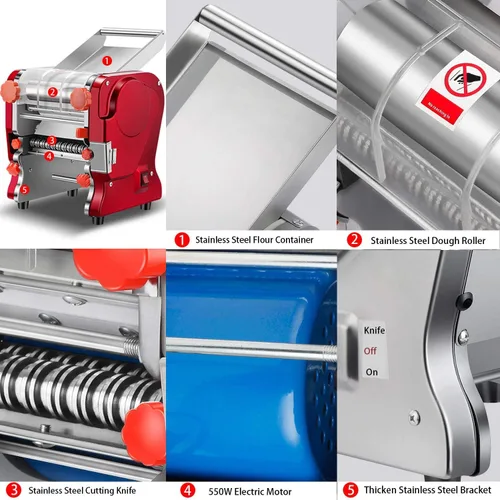 Miniatura 6 de Máquina para Hacer Pasta, Fabricadora Eléctrica de Fideos y Dumplings para Uso Doméstico/Comercial, Completamente de Acero Inoxidable con Cuchillo