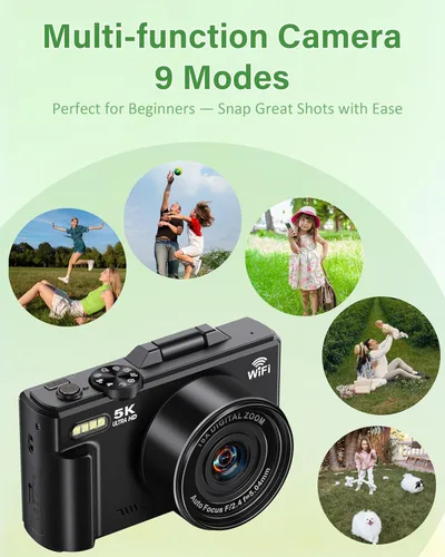 Miniatura 6 de Cámara digital 5K para fotografía, cámara WiFi de 75 MP para YouTube con pantalla abatible de 180° de 3 pulgadas, cámara de video de enfoque Negro