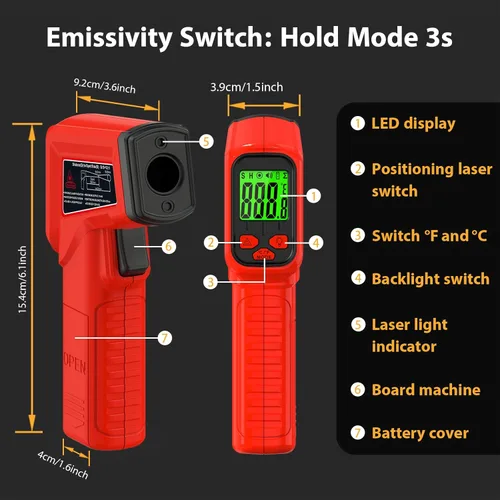 Miniatura 6 de FKM, pistola con termómetro láser, infrarroja, sin contacto, pistola de temperatura, -58 °F ~ 986 °F (-50 °C ~ 530 °C), emissividad ajustable