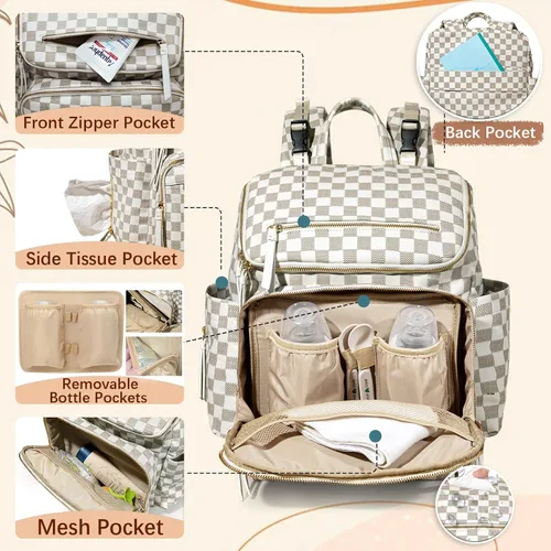 Miniatura 3 de Omanmoli Bolsa de pañales a cuadros, mochila grande de cuero para pañales con 17 bolsas organizadoras, cambiador, correas para cochecito, 4 Beige