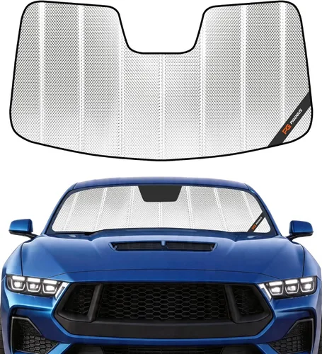 Miniatura 12 de Protección solar para parabrisas Pigenius para Ford Mustang 2015-2023 sin cámara montada en el espejo retrovisor - Metálico Plateado metálica