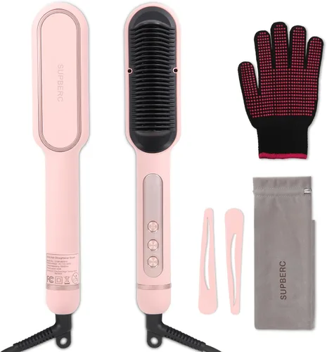 Miniatura 9 de Cepillo alisador de cabello iónico negativo con 9 ajustes de temperatura, peine alisador de cabello de calentamiento rápido de 30s con pantalla LED