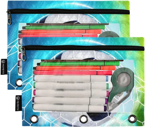 Miniatura 2 de Estuche para lápices de fútbol de fútbol en campo para carpeta de 3 anillas, paquete de 2 bolsas impermeables para lápices, estuche transparente