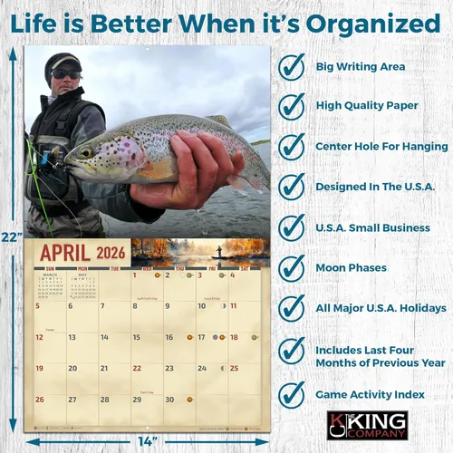 Miniatura 4 de The KING Company - Calendario de pared de pesca con mosca 2026, tamaño XL, 14 x 22 pulgadas, calendario de pesca por The KING Company-Monster