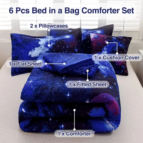 Miniatura 9 de A Nice Night - Juego de ropa de cama de 6 piezas con temática de galaxia, funda de edredón de espacio exterior impresa en 3D, para niños, niños