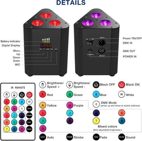 Miniatura 7 de Luces Par de escenario alimentadas por batería, LED 4 en 1 RGBW a todo color, 6 horas de funcionamiento a todo color, control remoto y DMX - Luces