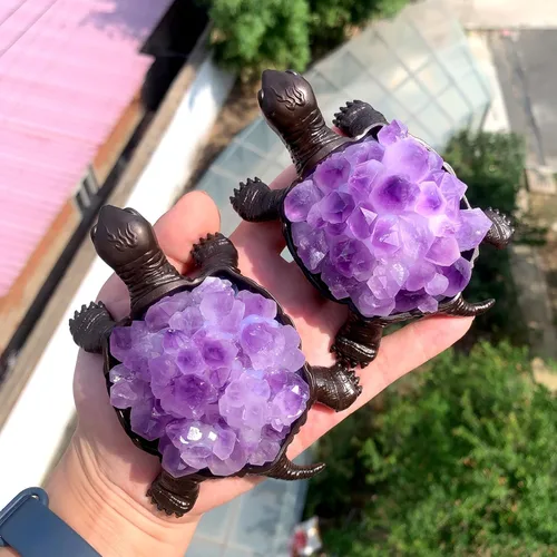 Miniatura 7 de Runyangshi Tortuga de amatista natural de 4.52 pulgadas, tortuga de cristal curativo de brotes de amatista, hecha a mano, decoración del hogar