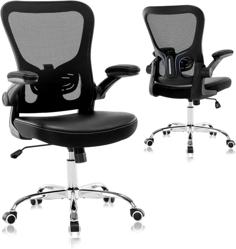 Silla de oficina, silla ergonómica de malla para computadora con reposabrazos abatibles de piel sintética, silla de tareas para el hogar con soporte