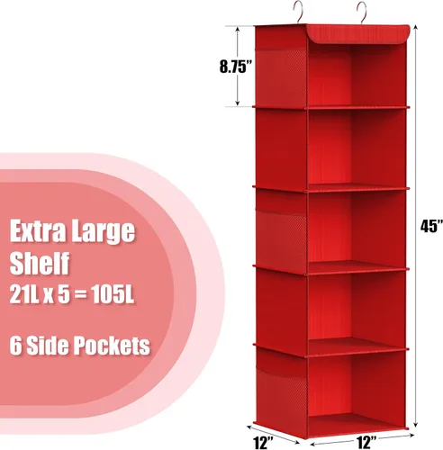 Miniatura 3 de Simple Houseware Organizador de armario colgante de 5 estantes, rojo
