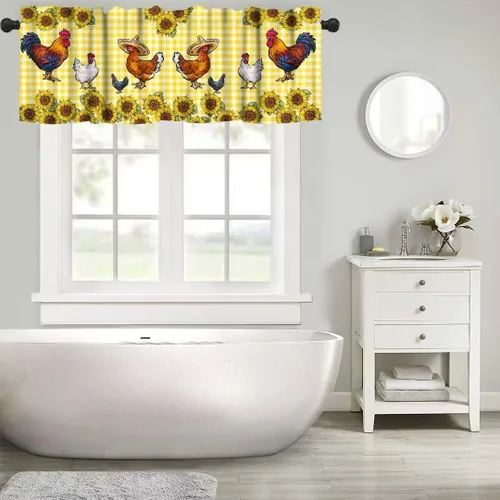 Miniatura 5 de Cenefa de ventana de gallo de Western Farm, pollo, girasol, retro, con estampado de cuadrícula de búfalo amarillo, bolsillo para barra, tratamientos