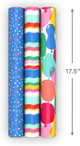 Miniatura 4 de Hallmark Mini rollos de papel de regalo de cumpleaños, paquete de 3 (rayas de arco iris, globos coloridos, lunares sobre azul) para graduaciones