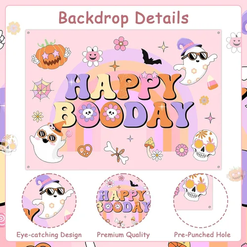 Miniatura 5 de Groovy - Decoración de fiesta de cumpleaños de Halloween, 7 x 5 pies, pancarta de fondo de feliz día de abucheo para niña, decoración bohemia arco