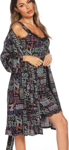 Miniatura 3 de ENJOYNIGHT Conjunto de bata sexy con cuello en V de 2 piezas para mujer, camisón de lencería con batas, conjunto de pijama de encaje