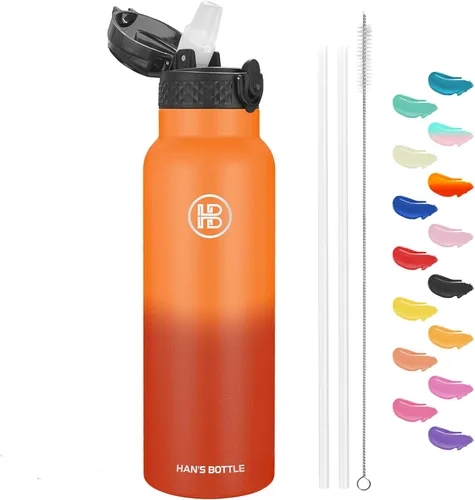 Miniatura 46 de Han's Bottle - Botella de agua para niños con tapa con pajilla - Vaso reutilizable de acero inoxidable aislado para niñas, niños, taza térmica, 17