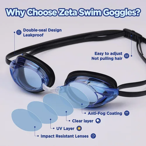 Miniatura 4 de Zetaproswim School Gafas de natación, gafas de natación para adultos, mujeres y hombres, antivaho anti-UV, sin fugas, 1 paquete Azul