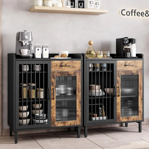 Miniatura 5 de GAOMON Aparador de buffet moderno, armario de almacenamiento de cocina con estantes y puertas de vidrio, gabinete de buffet de metal con cajones