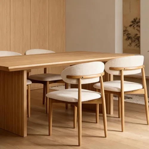 Sillas de comedor tapizadas modernas, asiento de tela beige con patas de madera, sillas auxiliares de cocina contemporáneas, juego de 2
