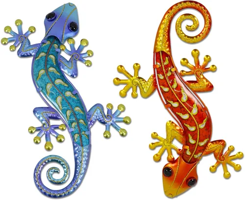 Miniatura 12 de HONGLAND Arte de pared de Gecko de metal, 2 unidades de lagarto de 15 pulgadas, decoración para exteriores, escultura de vidrio colgante, decoración