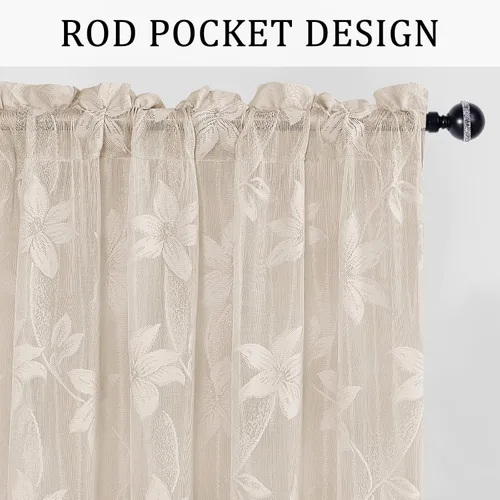 Miniatura 2 de DWCN Paquete de 2 cortinas traslúcidas pequeñas de encaje floral beige para cocina, cortinas traslúcidas ligeras con bolsillo para barra, cortinas