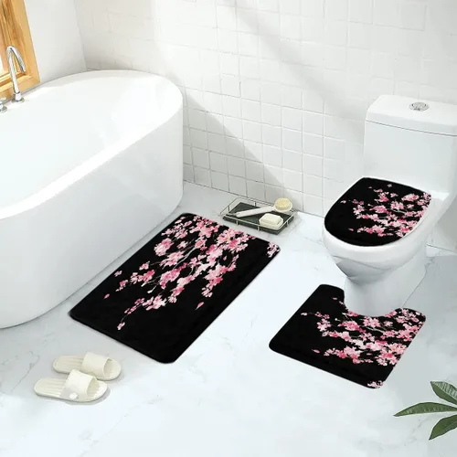 Miniatura 6 de 4 Pcs Pink Cherry Blossom Shower Curtain Set 60x72 Inch Black Floral Sakura Tree Gothic Style Japanese Anime Bathroom Decor with Non-Slip Rug Toilet