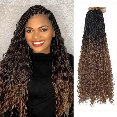 Miniatura 71 de Goddess Box Braids - Trenzas de cabello a ganchillo con extremos rizados, trenzas de caja bohemianas de 16 pulgadas, trenzas de ganchillo, 8 1B-4-30