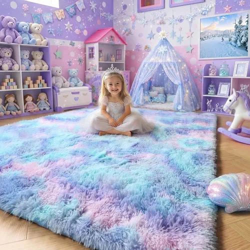 Miniatura 20 de Alfombras moradas para dormitorio de niñas, alfombra de 5 x 8 pies, alfombra peluda esponjosa para sala de estar, alfombras peludas gruesas