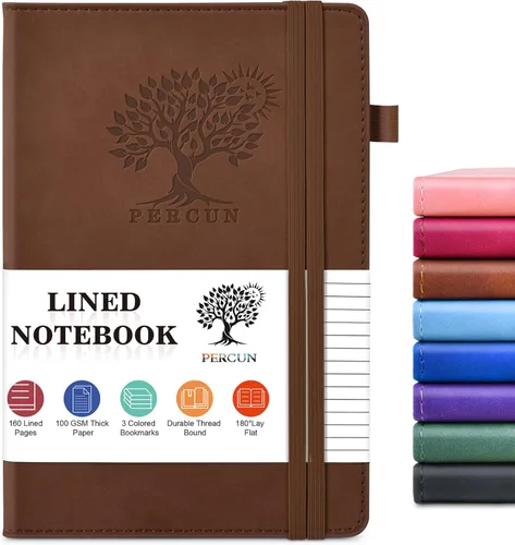 PERCUN Cuaderno rayado para hombres y mujeres, 160 páginas con rayas universitarias para escribir, cuadernos A5 de cuero de tapa dura para el Marrón