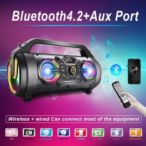 Miniatura 2 de Altavoz Bluetooth, Boombox Bluetooth portátil de 30 W con subwoofer, radio FM, luces coloridas RGB, ecualizador, sonido estéreo, graves potentes