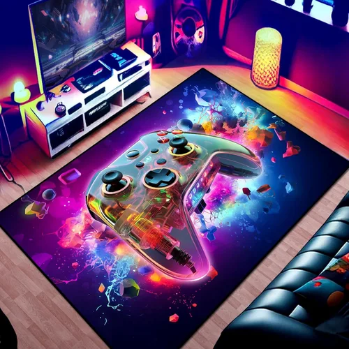Alfombra de área de juego para adolescentes, alfombra de 3D transparente con diseño de gamepad y controlador de juego de fondo de bomba colorida