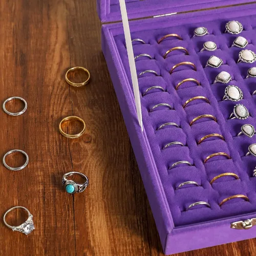 Miniatura 5 de Frebeauty Bandeja organizadora de anillos con 100 ranuras para anillos con tapa transparente, caja de almacenamiento de anillos de terciopelo