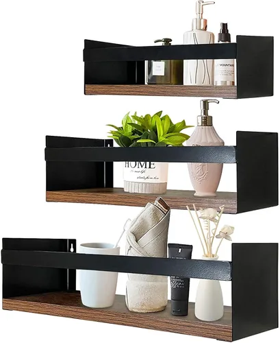 Miniatura 8 de Giftgarden Juego de 3 estantes flotantes negros para pared, estante de pared grueso industrial con soporte de riel de hierro para almacenamiento