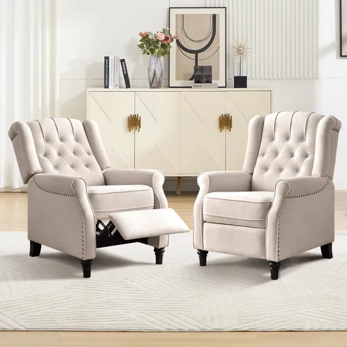 Miniatura 10 de EBELLO Silla reclinable con respaldo de empuje, silla decorativa de tela, reclinable con decoración de remaches, respaldo con botones, sillón