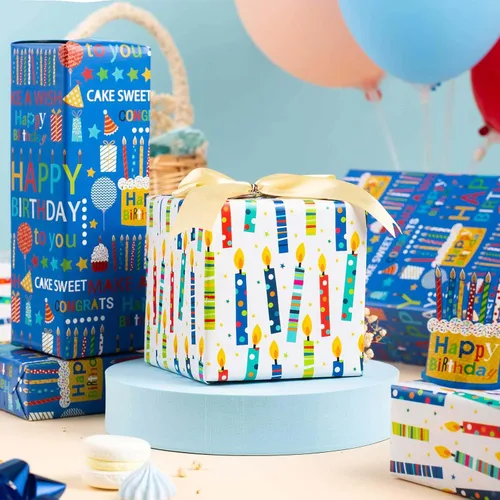 Miniatura 5 de Homeral Rollo de papel de regalo azul para cumpleaños - 17 pulgadas x 16.5 pies, con letras reversibles de "Feliz Cumpleaños" y velas coloridas.