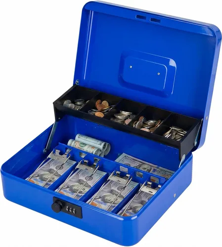 Miniatura 14 de KYODOLED Caja de dinero grande con cerradura de combinación, caja de dinero con bandeja para efectivo, caja fuerte con cerradura con llave, Negro-2
