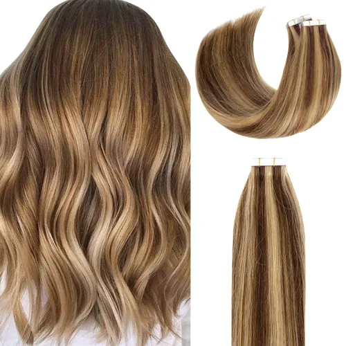 Miniatura 23 de Lacer Extensiones de cabello humano Remy con cinta, 20 piezas, 1.76 oz, extensiones de cabello humano con cinta color marrón chocolate a rubio