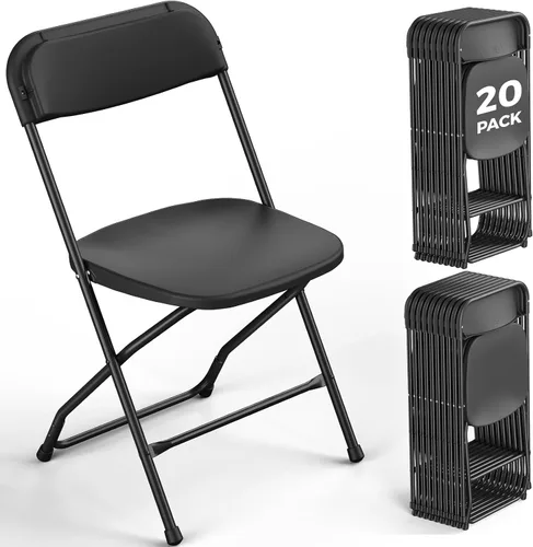 Miniatura 20 de Paquete de 2 sillas plegables de plástico negro, sillas plegables portátiles para exteriores con marco de acero, capacidad de 350 libras, sillas